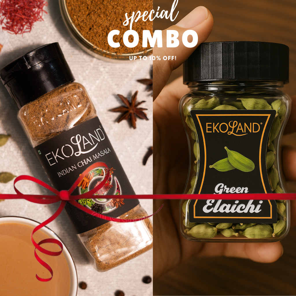 EkoLand Indian Chai Masala and Green Elaichi with a promotional offer on a textured surface.
